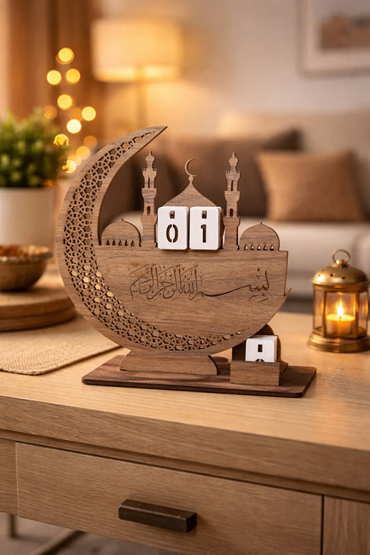 Dekoratif Ahşap Ramazan Takvimi – Ay Camii Tasarımlı Masaüstü Ev Dekoru (24 × 22 cm)