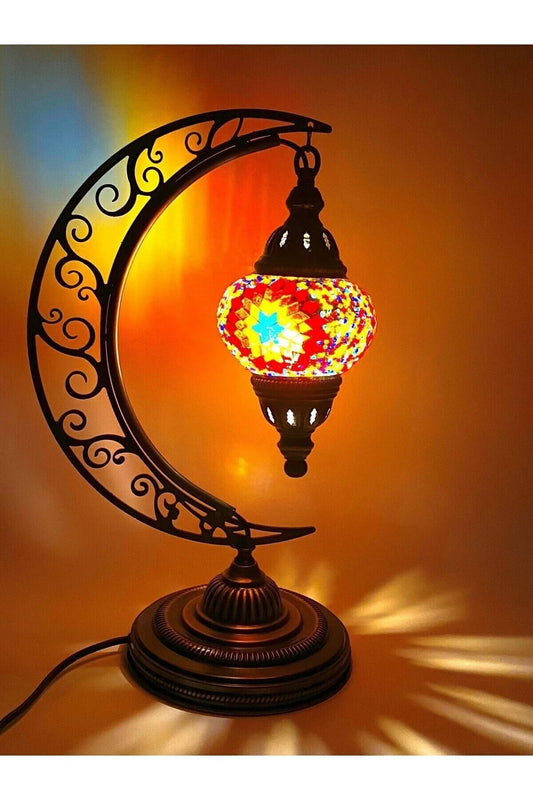 Mozaik Masaüstü Abajur Otantik Dekor Lamba Masa Ve Gece Lambası Hilal Model