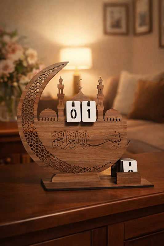 Dekoratif Ahşap Ramazan Takvimi – Ay Camii Tasarımlı Masaüstü Ev Dekoru (24 × 22 cm)