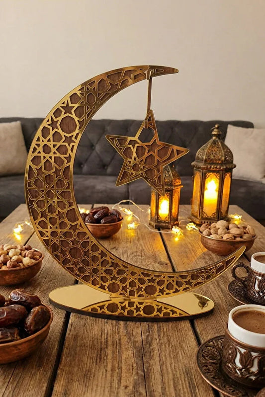 Ramazan Süsü Ahşap Altın Pleksi Ay Yıldız Masa Üstü Süsü | Dekoratif Hilal Masa Süsü