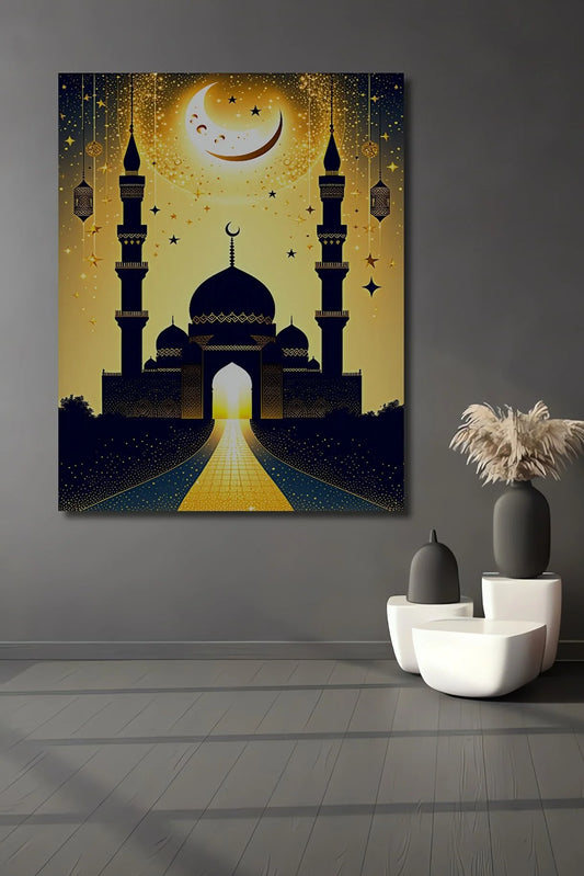 Ramazan Ayı Camii Minareleri Yağlı Boya Görünümlü Ahşap Dekoratif Dikdörtgen Salon/Ofis/Ev Tablo