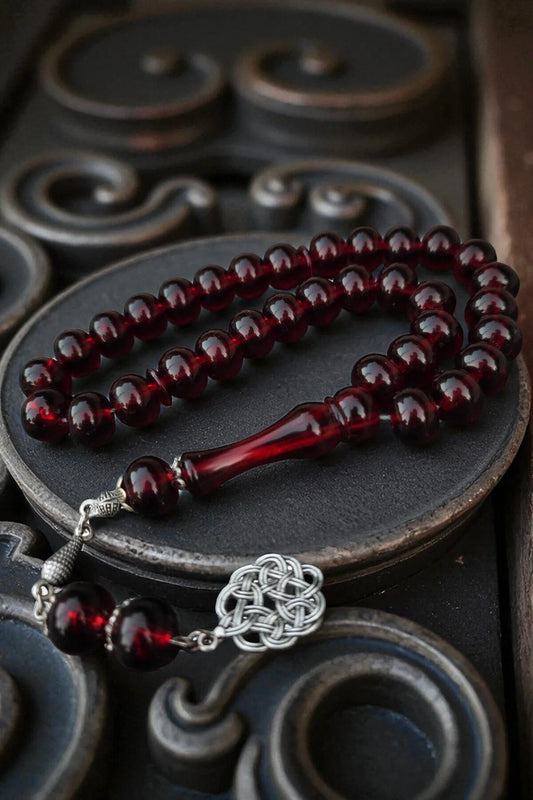 Oval Kesim Toz Kehribar Tesbih Koyu Renk Bordo Tespih